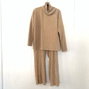 Soyaconcept Womens XL Set Athleasure Sweatshirt Cowl Neck Pants Ribbed Plush Tan